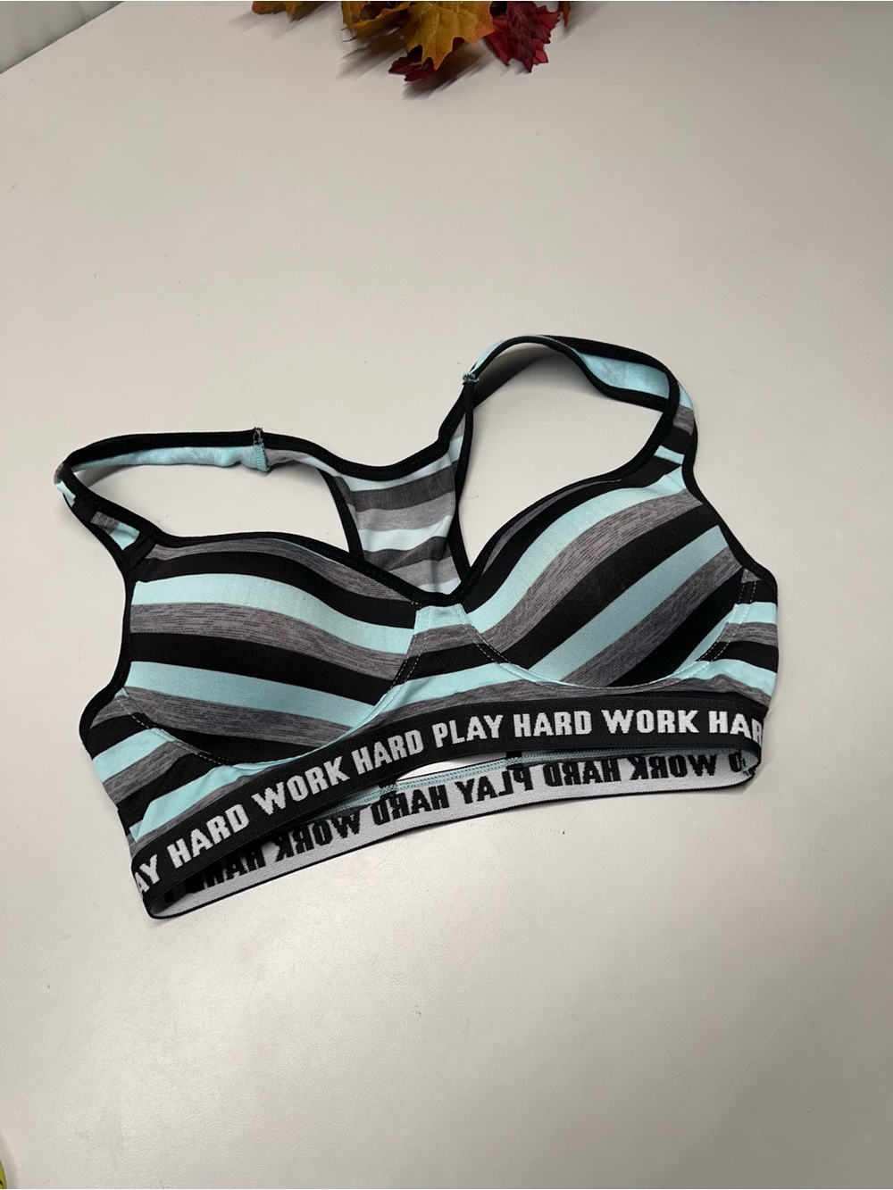 Striped Light Blue & Black Sports Bra with Motivational Band